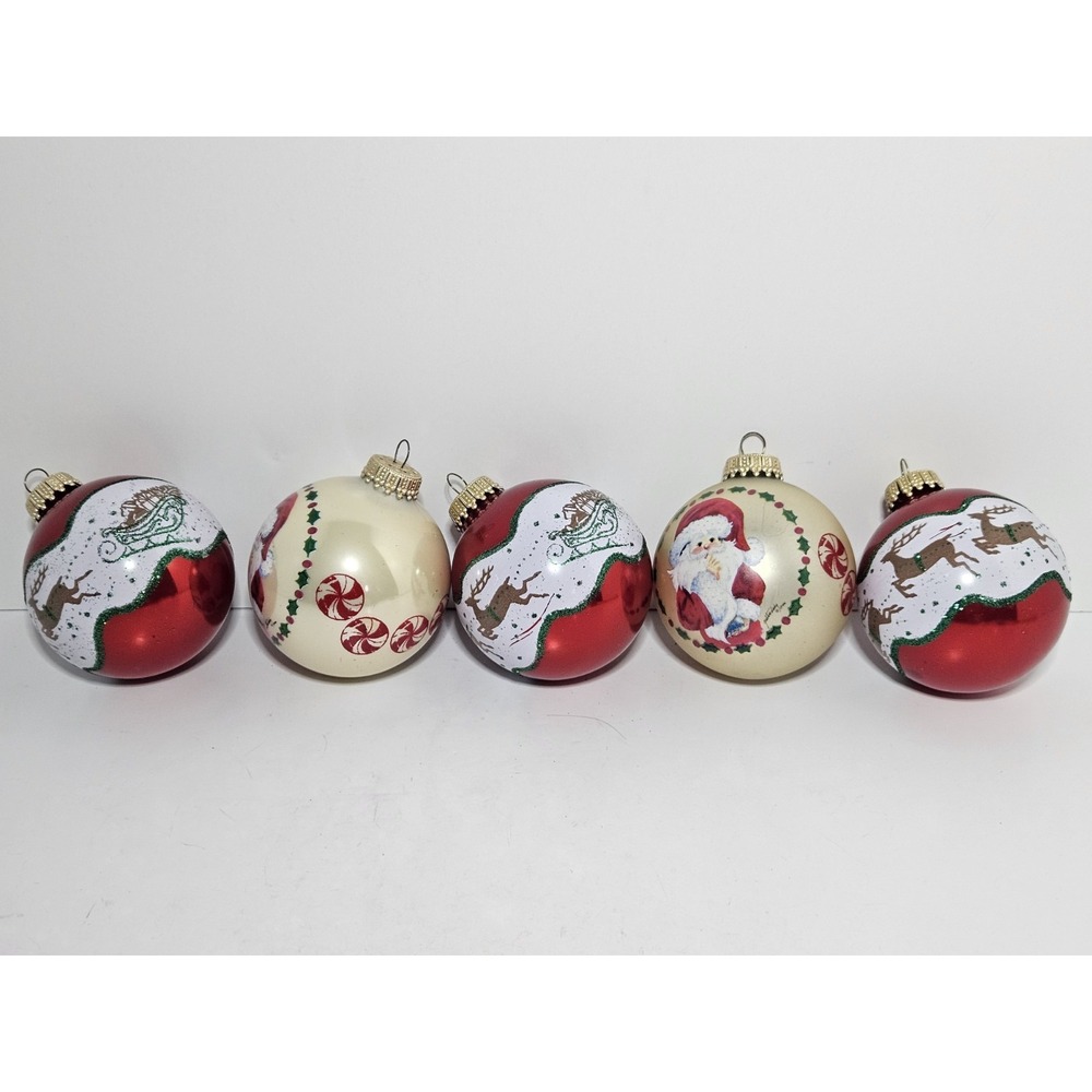 CBK Glass Christmas Ornaments Lot 5 Santa Reindeer Sleigh Peppermint Vintage